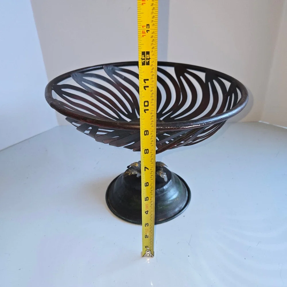 Vintage Pedestal Fruit Bowl Swirl Design Rustic Brown Metal 9 Inch